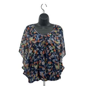 Eclair Printed Overlay Poncho Blouse Womens XS Navy #TS6587-03 Scoop Lined Pleat